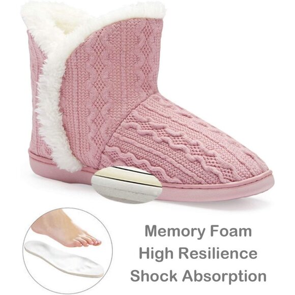 Women's Winter Warm Fluffy Fur Lined Plush Light Pink Bootie Slippers Shoes - Picture 2 of 7